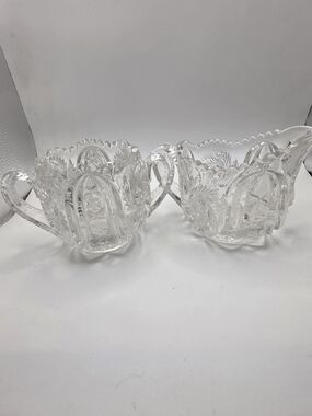 Vintage EAPG Pressed Glass Cream and Sugar Set Pinwheel Starburst Pattern